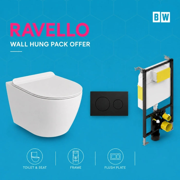 Rimless Wall Hung White Toilet, Frame & Button Pack