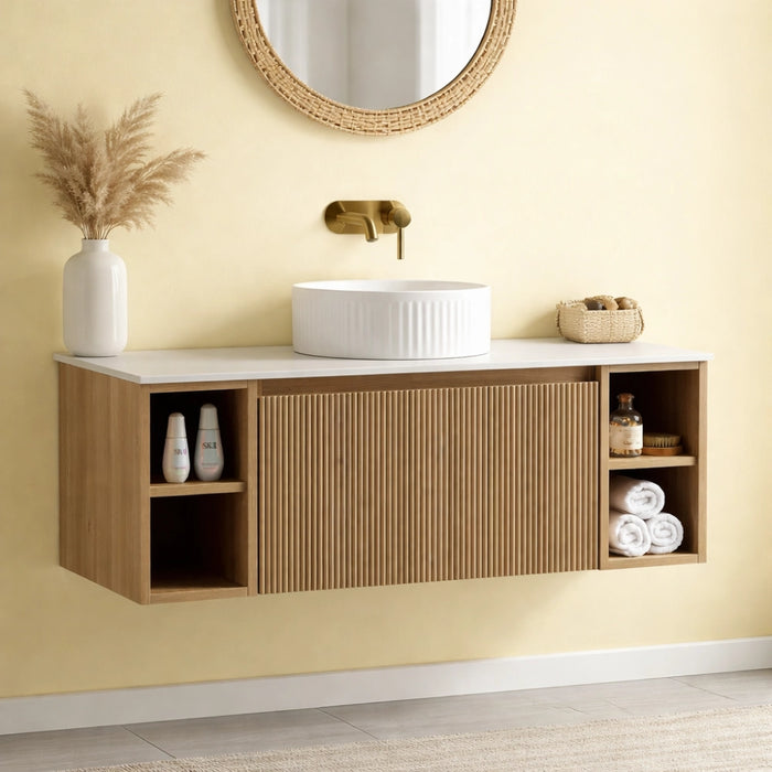 Fluted 1000mm Wall-Hung Vanity Unit with 2 Side Storage – Country Oak