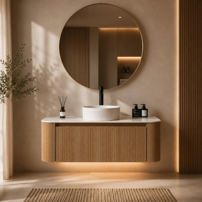 Fluted 1075mm Wall Hung Curved Corner Vanity with Countertop – Country Oak