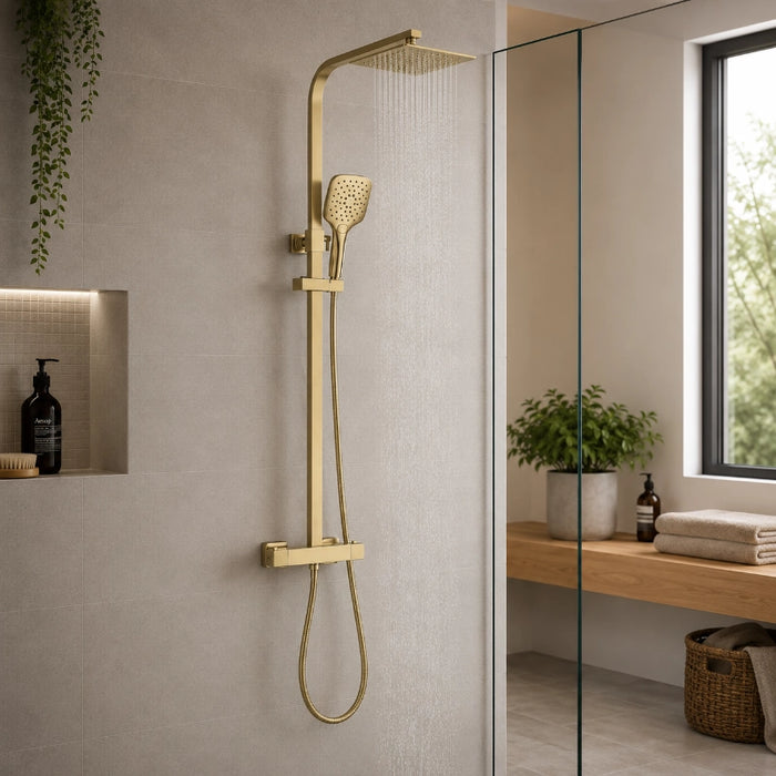 Premium Square Thermostatic T-Bar Shower with Rain Head - Brushed Brass