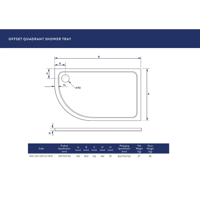 Slimline 900 x 760mm Offset Low Profile Quadrant Shower Tray with Waste - Left Hand