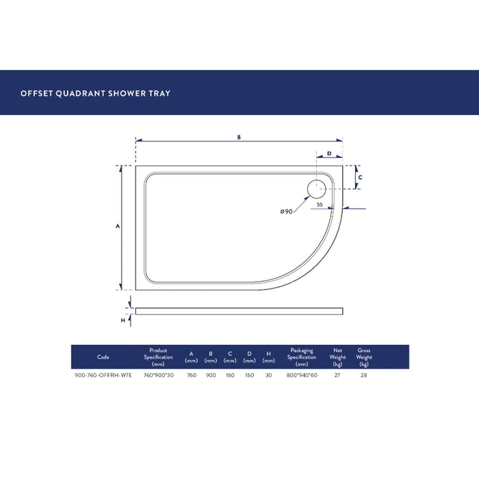 Slimline 900 x 760mm Offset Low Profile Quadrant Shower Tray with Waste - Right Hand