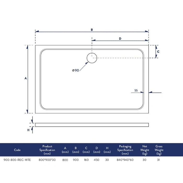 Slimline 900 x 800 mm Low Profile Rectangle Shower Tray - White