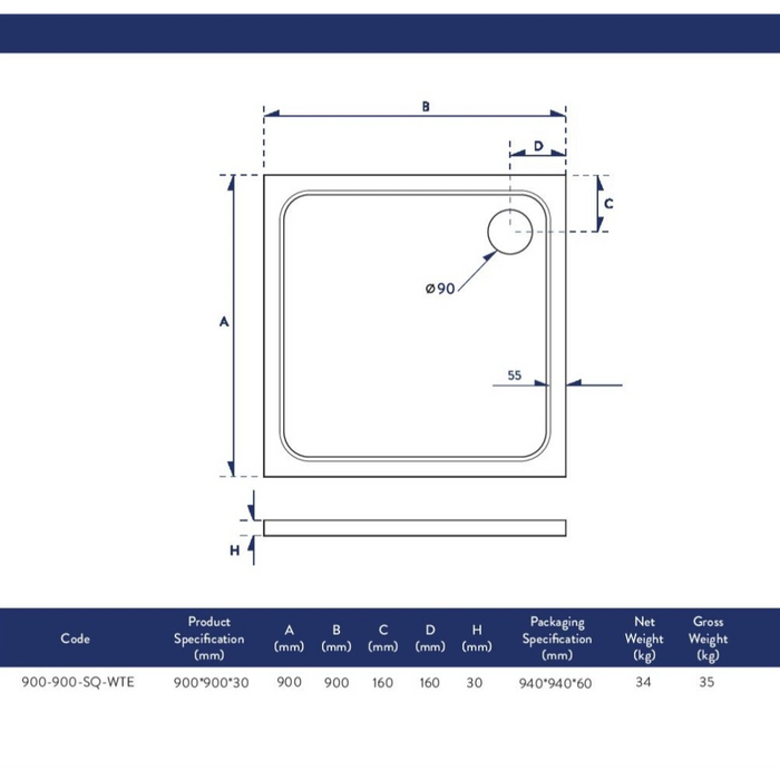 Slimline 900mm Low Profile Square Shower Tray White