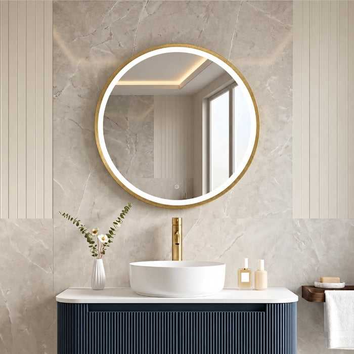 Fluted wall-hung corner vanity with round sink, white countertop, and blue ribbed cabinet