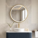 Fluted wall-hung corner vanity with round sink, white countertop, and blue ribbed cabinet