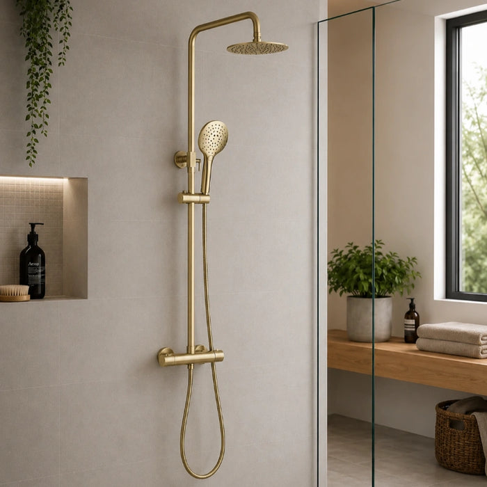 Premium Round Thermostatic T-Bar Shower with Rain Head - Brushed Brass