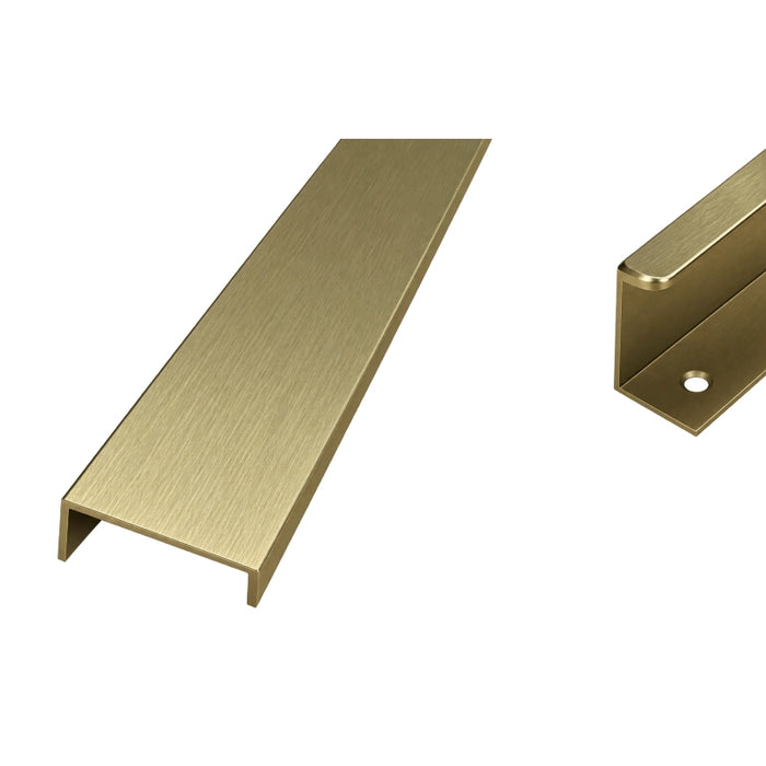 Brushed brass bar handle for vanity drawer, angled close-up