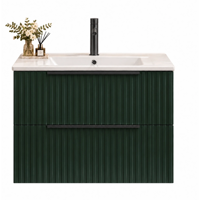 Forest green fluted wall-hung vanity unit with basin and two drawers, black faucet