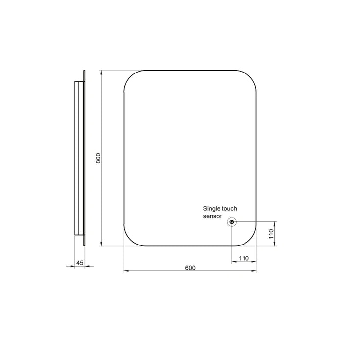 Rounded-rectangle mirror dimensions diagram with single-touch sensor details.