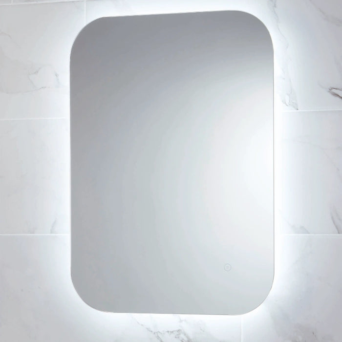 Vertical rounded-rectangle bathroom mirror with integrated LED perimeter lighting.