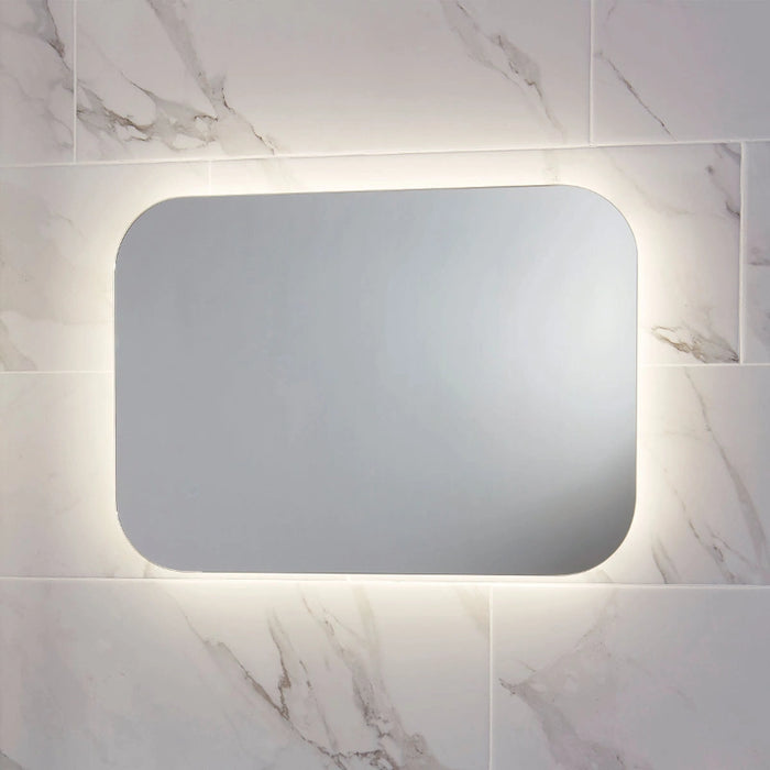 Rectangle bathroom mirror with rounded corners and bright LED light border.
