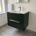 Forest green wall-hung vanity unit with white basin, brass tap, and ribbed cabinet doors.