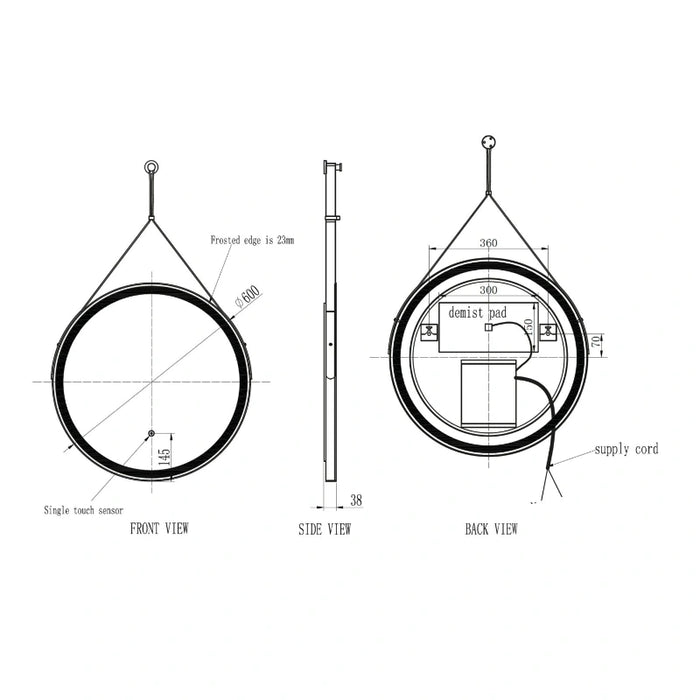 Ancona Round LED Mirror with Strap 600mm - Black