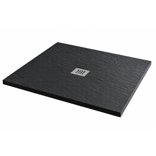 Square shower tray in dark anthracite slate with square drain waste opening