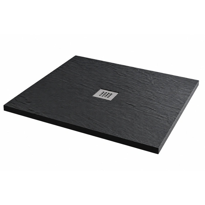 Square shower tray in dark anthracite slate with square drain waste opening
