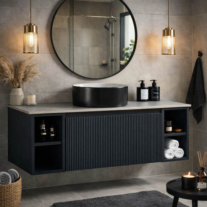 Fluted 1000mm Wall-Hung Vanity Unit with 2 Side Storage – Midnight Shadow