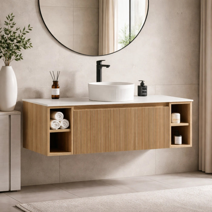 Fluted 1200mm Wall Hung Vanity with 2 Side Storage - Country Oak