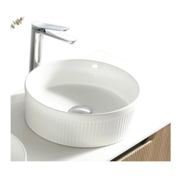 Fluted 870mm Wall-Hung Curved Corner Vanity Unit with Counter Top – Country Oak