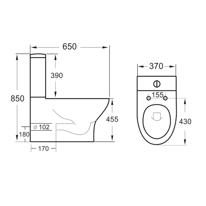 Rimless enclosed toilet with D-shaped seat, side view with size measurements