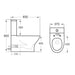 Rimless enclosed toilet with D-shaped seat, side view with size measurements