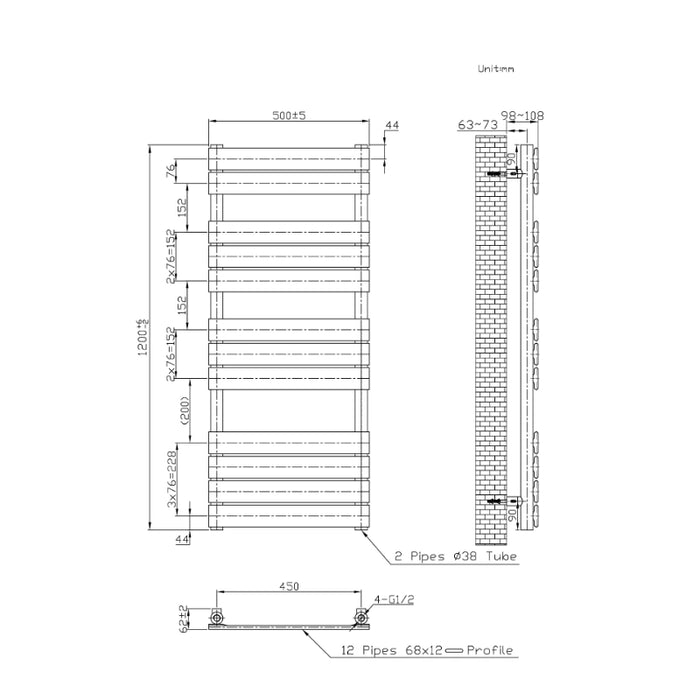 Palma Flat Heated Towel Rail 500 x 1200mm - Brushed Brass
