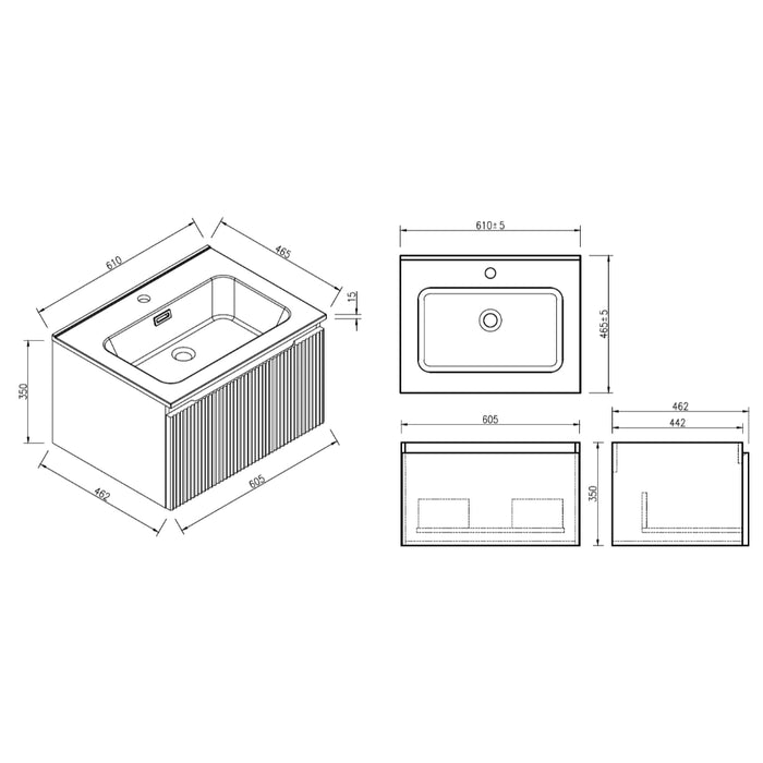 Fluted 600mm Wall-Hung Vanity Unit with Basin - Country Oak