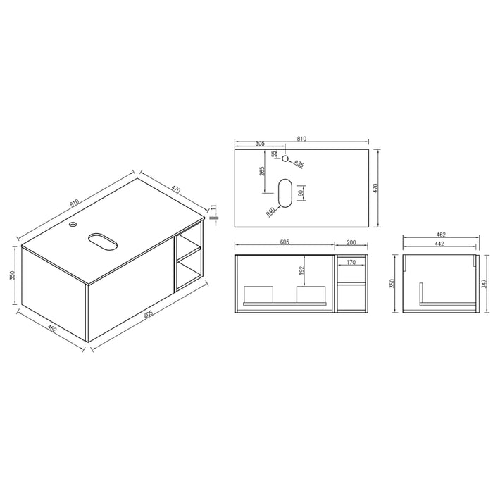 Fluted 800mm Wall Hung Vanity Unit with Side Storage Box & Counter Top - Soft Coffee