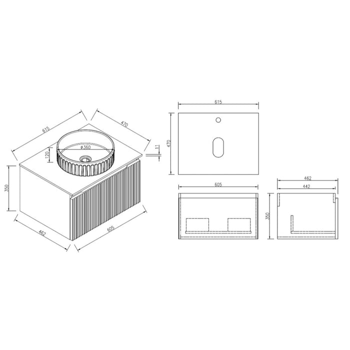 Fluted 600mm Wall Hung Vanity with Counter Top - Soft Coffee