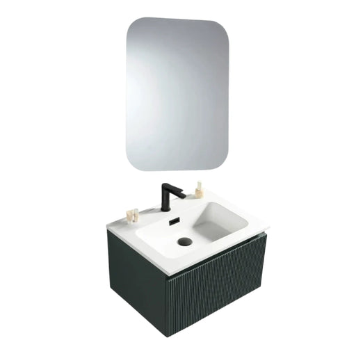 Wall-hung vanity with square white basin and dark ribbed cabinet