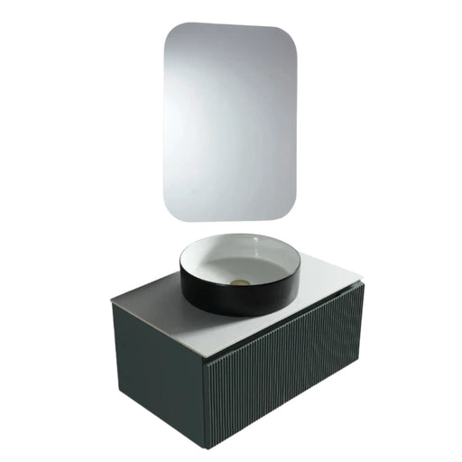 Wall-hung vanity with LED mirror panel and countertop round vessel sink with faucet