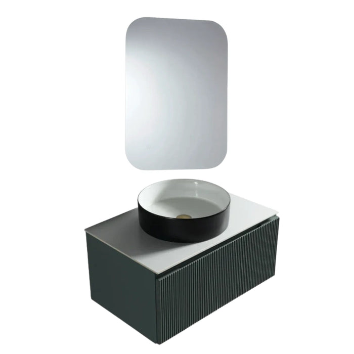 Wall-hung vanity with LED mirror panel and countertop round vessel sink with faucet