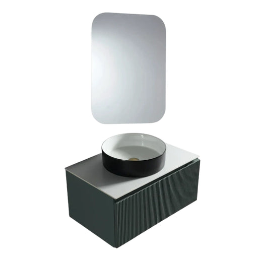 Dark sage wall-hung vanity with ribbed front, black round sink and rectangular mirror