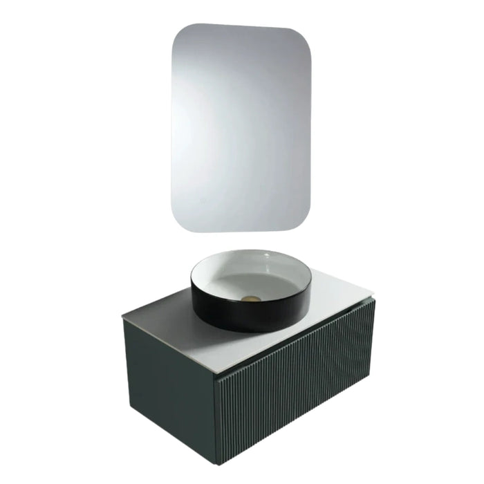 Dark sage wall-hung vanity with ribbed front, black round sink and rectangular mirror