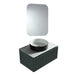 Dark sage wall-hung vanity with ribbed front, black round sink and rectangular mirror