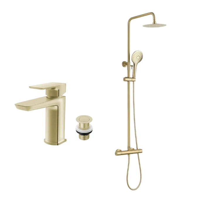 Brushed brass T-bar shower set with rain head and handheld, plus basin tap