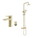 Brushed brass T-bar shower set with rain head and handheld, plus basin tap