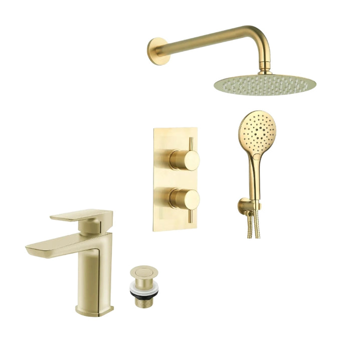 Brushed brass shower set with basin tap, shower head, wall control, and shower mixer