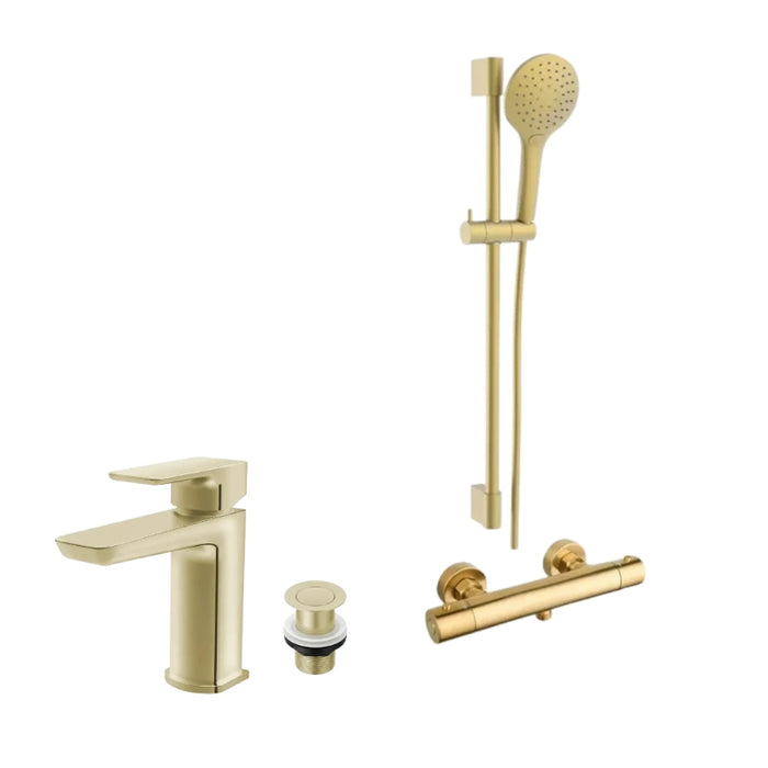 Brushed brass shower kit and basin tap set with matching fixtures and hose