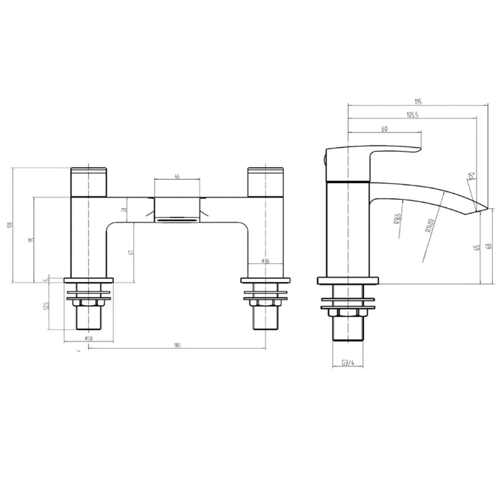 Chrome bath filler tap, technical line drawing with dimensions