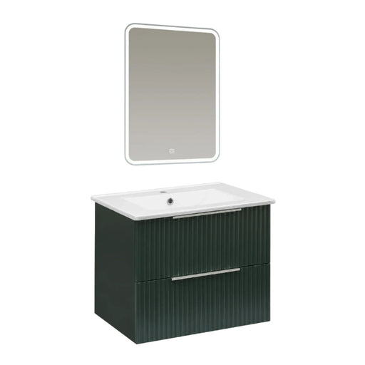 Forest green wall vanity with white basin and LED mirror