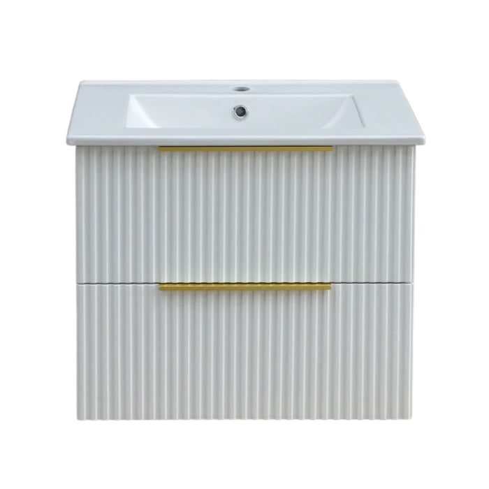 Wall-hung vanity unit with basin, matt white fluted cabinet with drawer bar