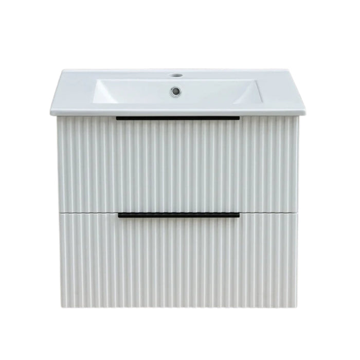 Wall-hung vanity unit with basin, matt white fluted front with black drawer bar