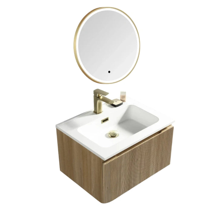 600mm Oak Wall Hung Vanity Unit with Basin and Brushed Brass Round Mirror