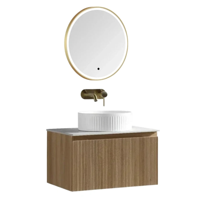 600mm Oak Wall Hung Vanity Unit with Counter Top and Brushed Brass Round Mirror