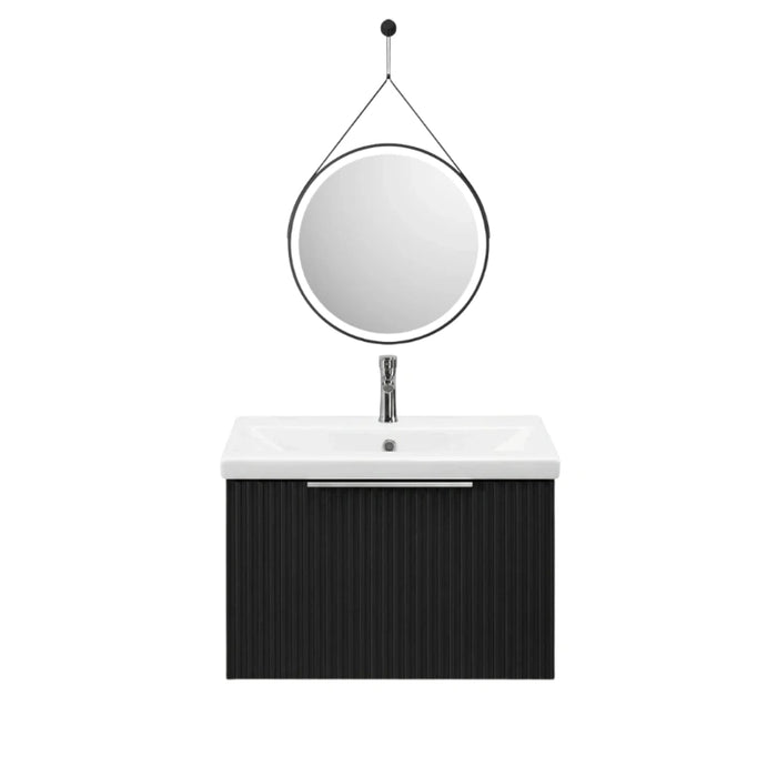 600mm Black Wall Hung Vanity with Basin and Black Round Mirror