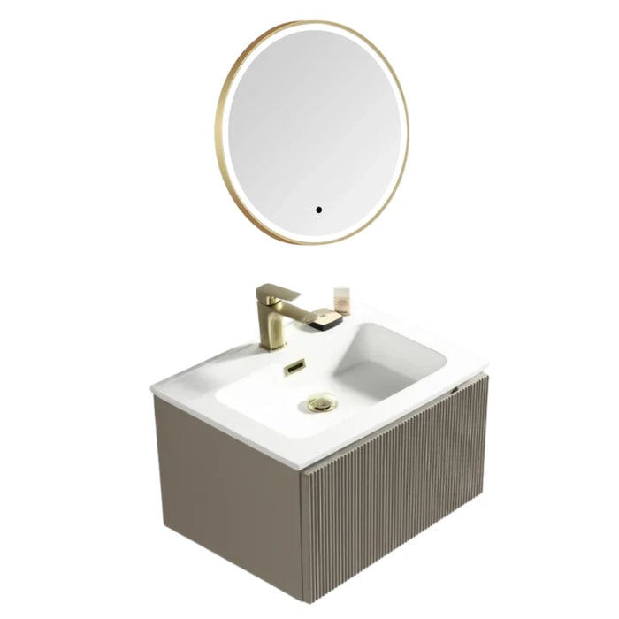 600mm Coffee Wall Hung Vanity Unit with Basin and Brushed Brass Round Mirror