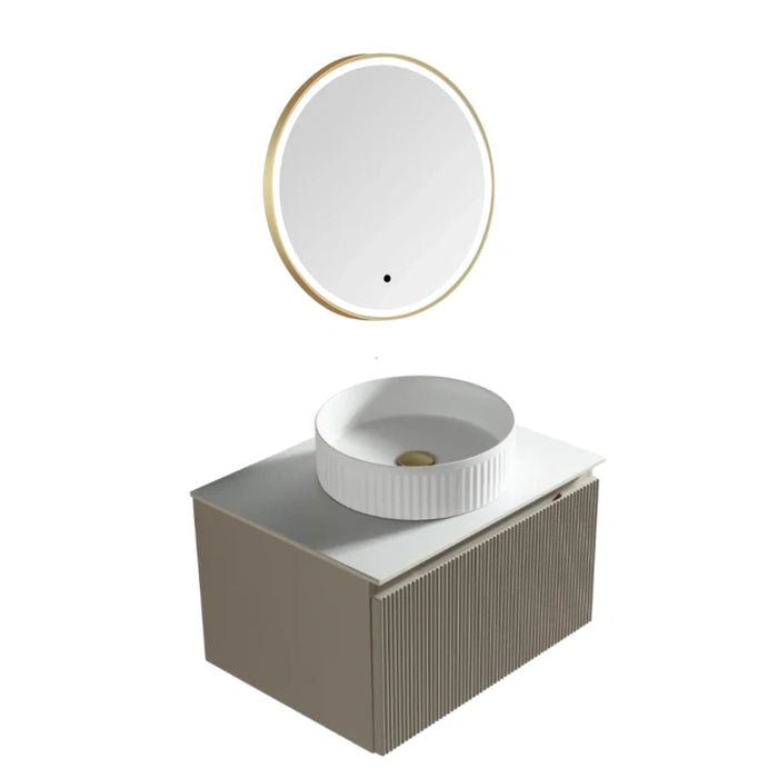 Vanity unit with ribbed cabinet front, white vessel sink, and round mirror