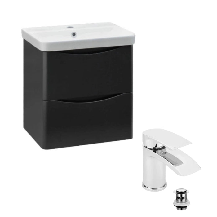 Wall-hung vanity with white basin, anthracite cabinet, and chrome single-lever tap