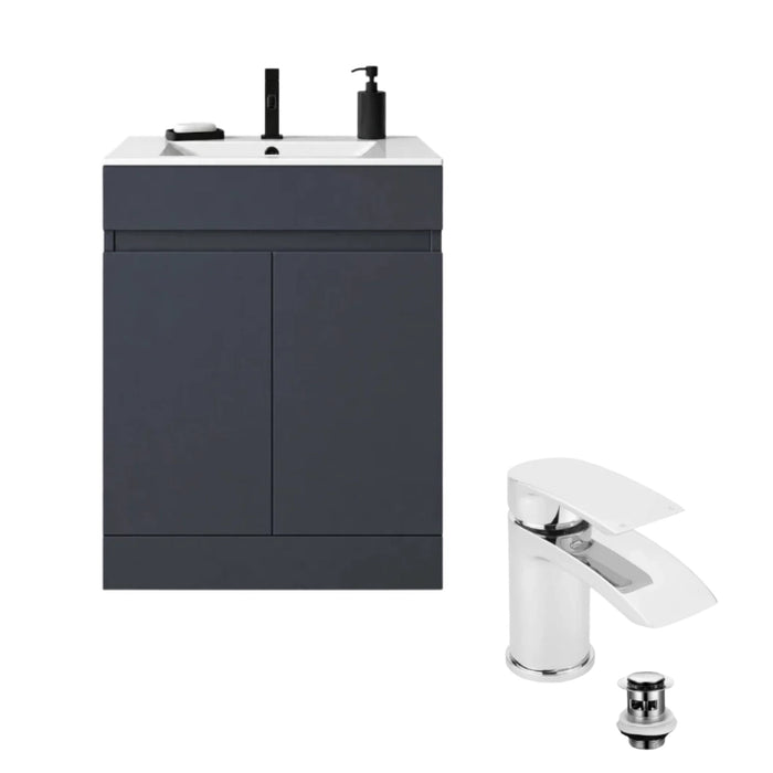 Anthracite floor-standing bathroom vanity with white basin and chrome faucet and drain